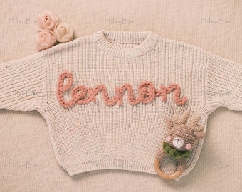 Personalized Baby Girl's Sweater with Hand-Embroidered Name and Monogram - A Heartwarming Christmas Gift from Aunt