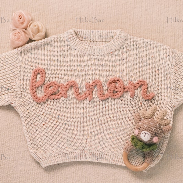 Personalized Baby Girl's Sweater with Hand-Embroidered Name and Monogram - A Heartwarming Christmas Gift from Aunt