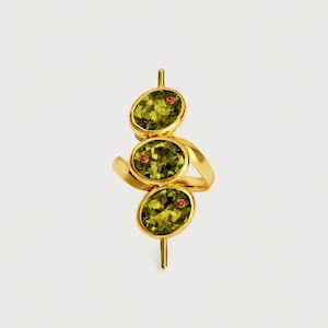 18k Gold Martini Olive Ring, Ruby Accent, Natural Peridot Sterling Silver Ring
