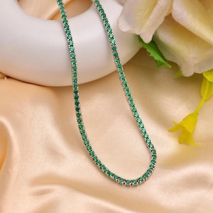 18k Lab Emerald Round Tennis Necklace, Yellow Gold Emerald Tennis Necklace, Emerald Color Necklace, Handmade Necklace Vintage Gift for her