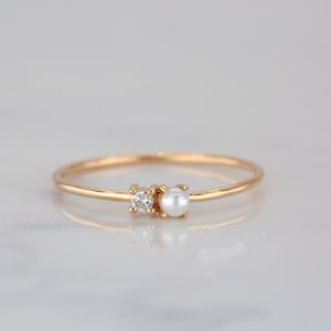 14k Pearl and White CZ Ring, Yellow Gold Plated Pearl Ring, Minimalist Style Ring, Dainty Pearl Ring, Gift For Her, Birthstone Ring,