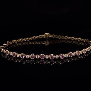 Pink Sapphire with Diamond cz tennis bracelet, solid 14k solid gold Plated , delicate bridal bracelet, thin Pink Sapphire bracelet for women