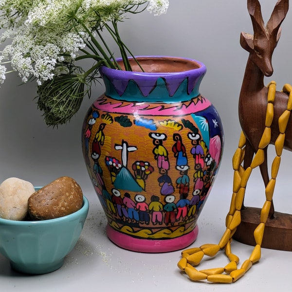 Día de los Muertos Mexican painted vase, vintage folk art redware terra cotta pottery