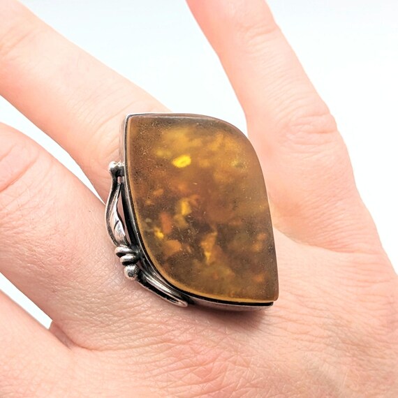 Statement amber sterling vintage ring, mineral in… - image 2