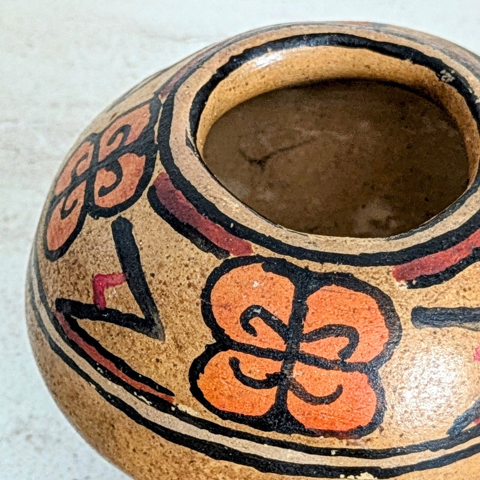 Vintage Small Clay Pot Hand Painted Earth Tone Abstract Designs