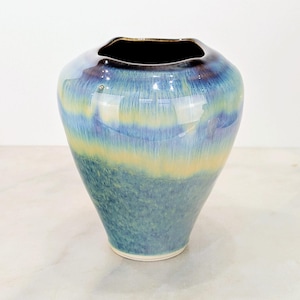 Vintage Bill Campbell square mouth vase, jewel pastel flambeaux glaze PA pottery