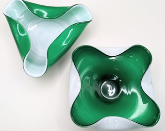Wales Japan biomorphic cased glass bowls, modernist green & white ashtrays