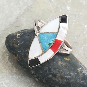 Vintage Zuni sterling multi-stone inlaid spearhead ring, turquoise, coral, onyx, mother of pearl sz 6.5
