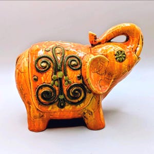 Fitz & Floyd orange green elephant coin bank piggy bank w/rubber stopper