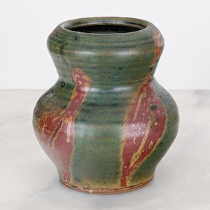 Vintage studio pottery deep green rust red vase, artist signed