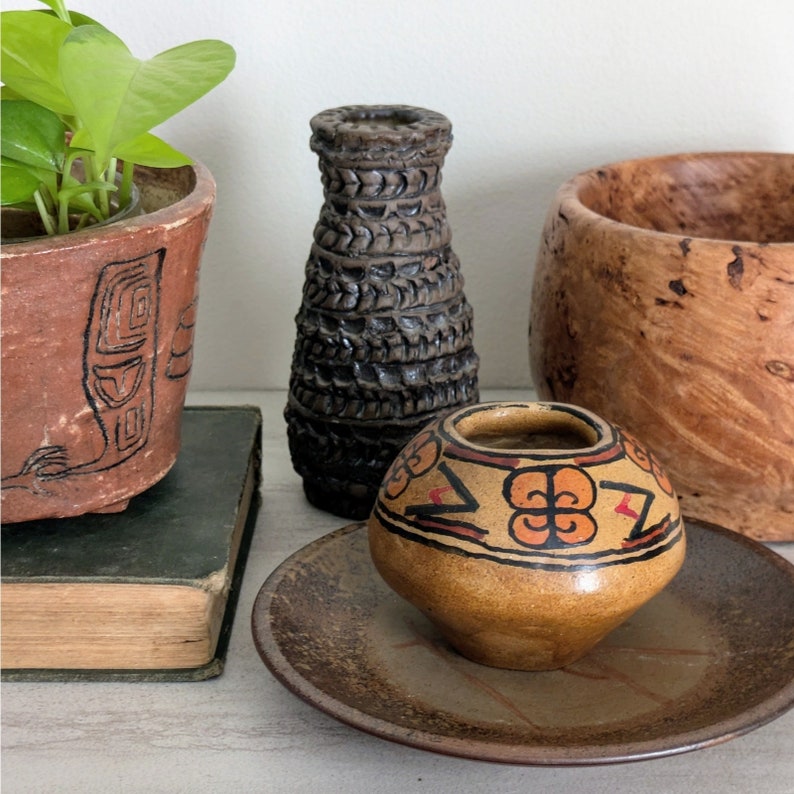 Vintage Small Clay Pot Hand Painted Earth Tone Abstract Designs