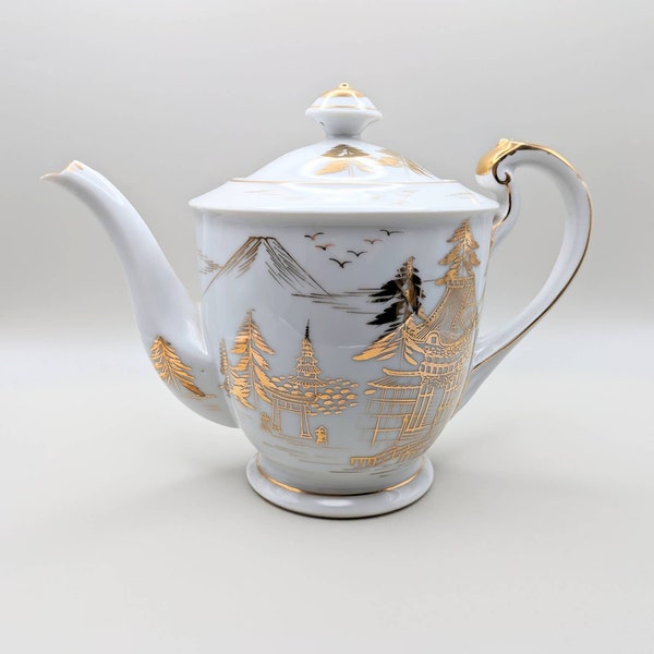 Japanese Kutani white & gold porcelain teapot hand painted with Fuji landscape