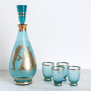 Set of vintage Bohemian teal blue gold glass decanter and 4 shot or liqueur glasses