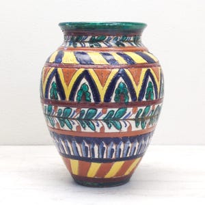 Vintage colorful Italian majolica sgraffito incised vase