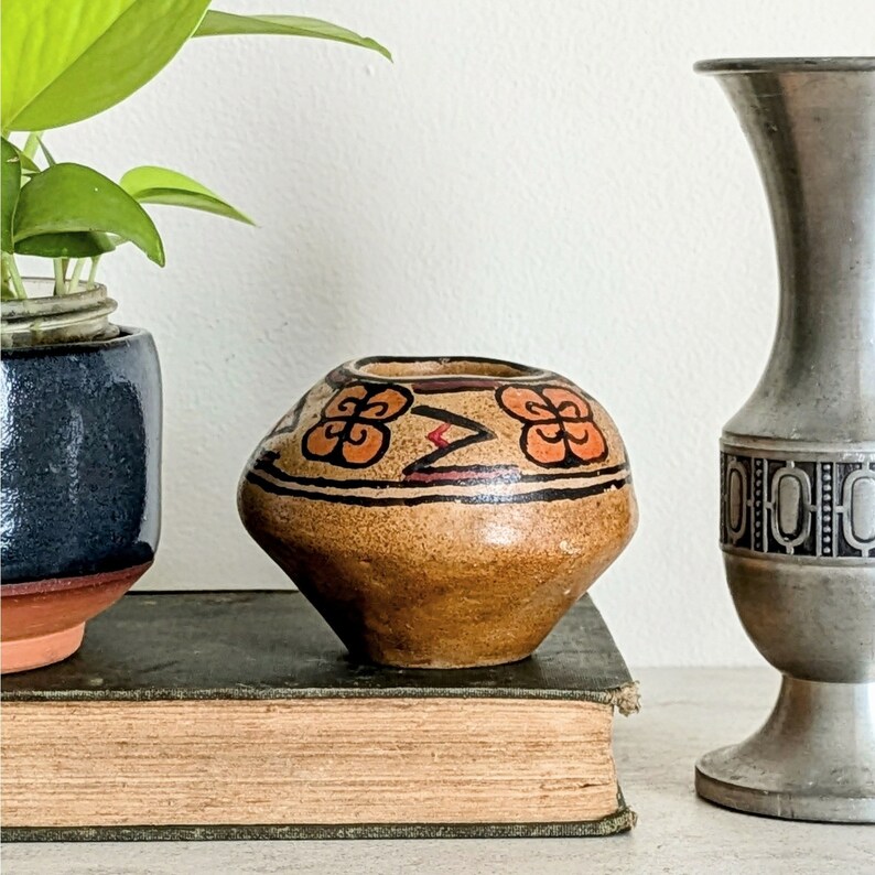 Vintage Small Clay Pot Hand Painted Earth Tone Abstract Designs