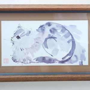 Vintage framed cat watercolor Chinese calligraphy print by Stafford Wu