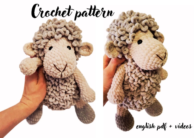 May include: A crocheted sheep plushie in light gray yarn. The sheep has a fluffy, curly head, small ears, and a stitched face. The text "Crochet pattern" is above the sheep, and "english pdf + videos" is below.