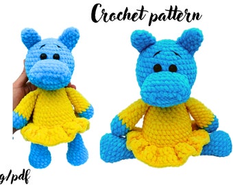 Crochet pattern hippo doll, Amigurumi tutorial hippo ballerina, English pattern amigurumi pdf