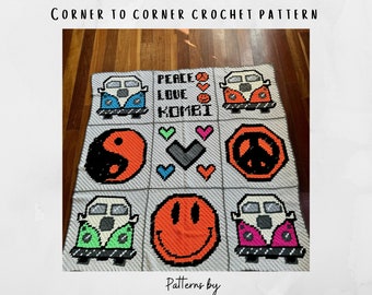 Crochet pattern, c2c, how to crochet, crochet lovers, crochet beginners, kombi, retro, handmade crochet gift, crochet bag, crochet cushion