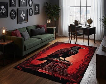 Alfombra Cuervo Gótico – Alfombra de cuervo rojo oscuro y negro con diseño artístico misterioso