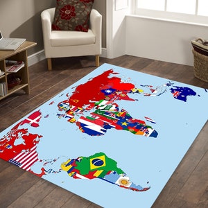 Alfombra con mapa del mundo, color claro, multicolor, artística, decoración de lujo, moderna, moderna