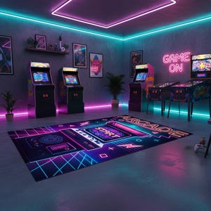 Neon Arcade Machine Rug: Glow-in-Dark Retro Gamer Decor