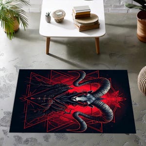 Black Velvet Baphomet Rug – 3D Occult Altar Carpet with Glowing Pentagram – Satanic Temple & Gothic Pagan Floor Art