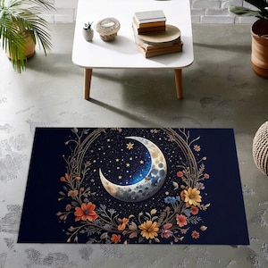 Crescent Moon & Wildflower Mandala Rug - Boho Lunar Floral Carpet for Mystical Moon Phase Celestial Home Decor