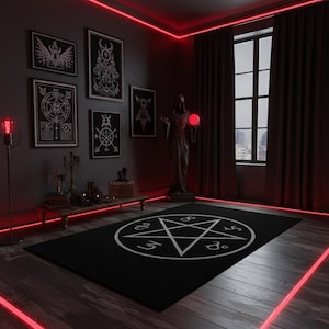May include: A dark room with a black rug featuring a white pentagram design. The walls are adorned with framed occult art. A statue holds a glowing red orb. Red neon lights outline the room's edges, creating a gothic atmosphere.