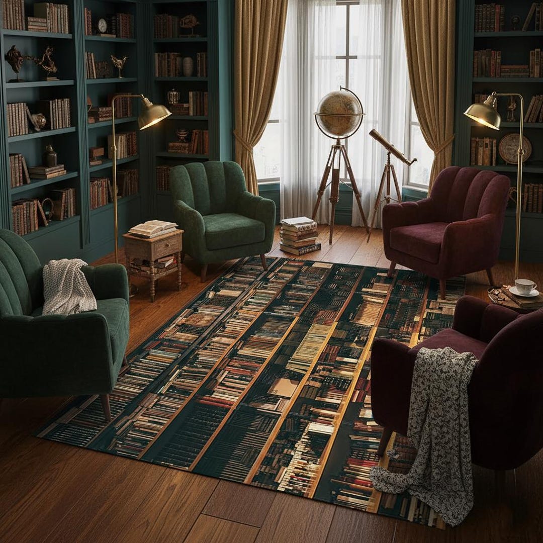Bookshelf Reading Room Rug – Cozy Library-themed Carpet for Book Lovers ...
