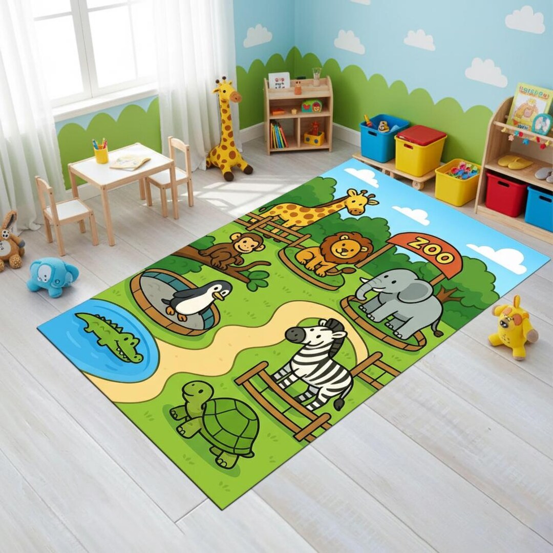 Animated Zoo Kids Rug – Colorful Animal Carpet for Playrooms ...