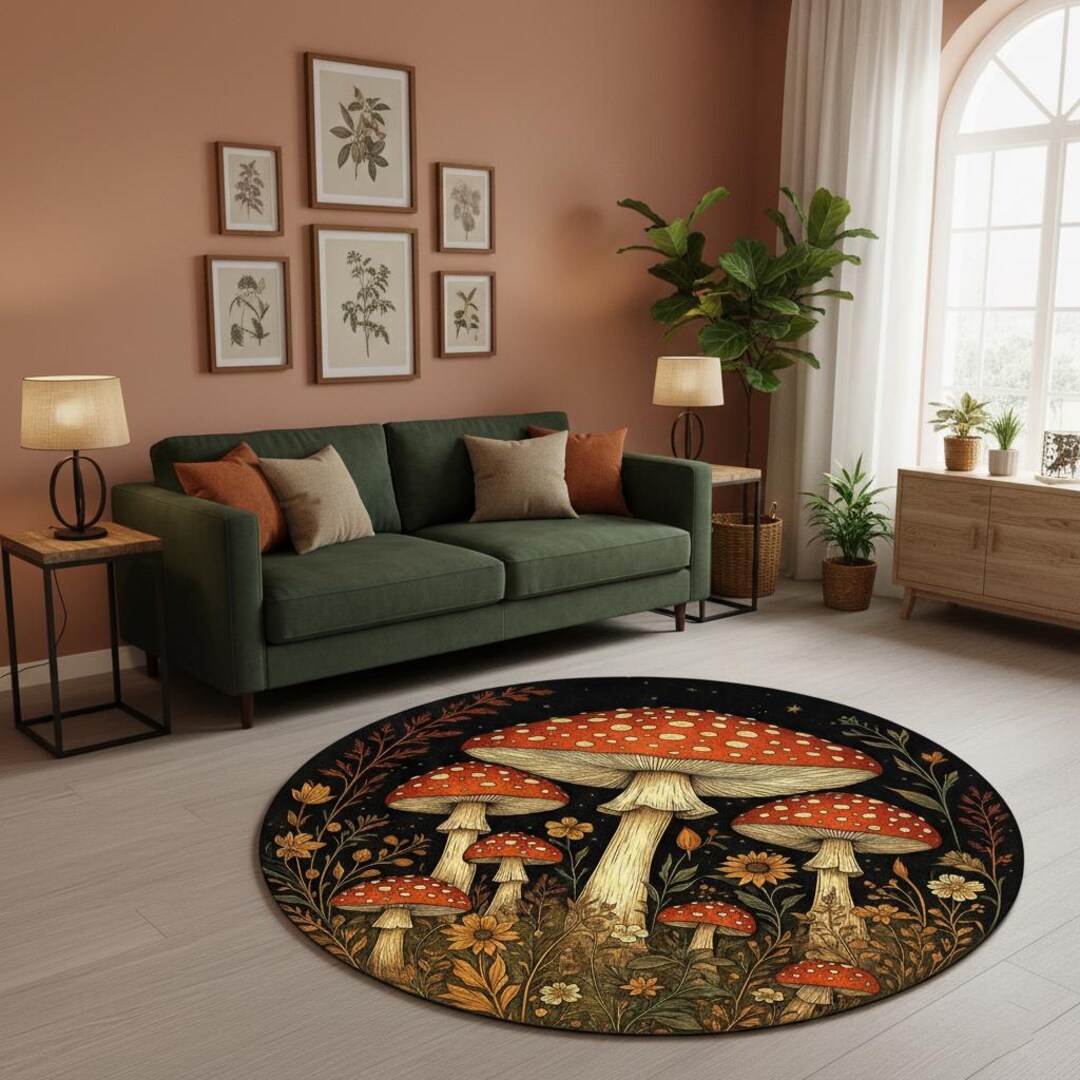 Toadstool Rug Orange Mushroom Rug – Floral Fantasy Carpet With Enchanted Toadstool ...