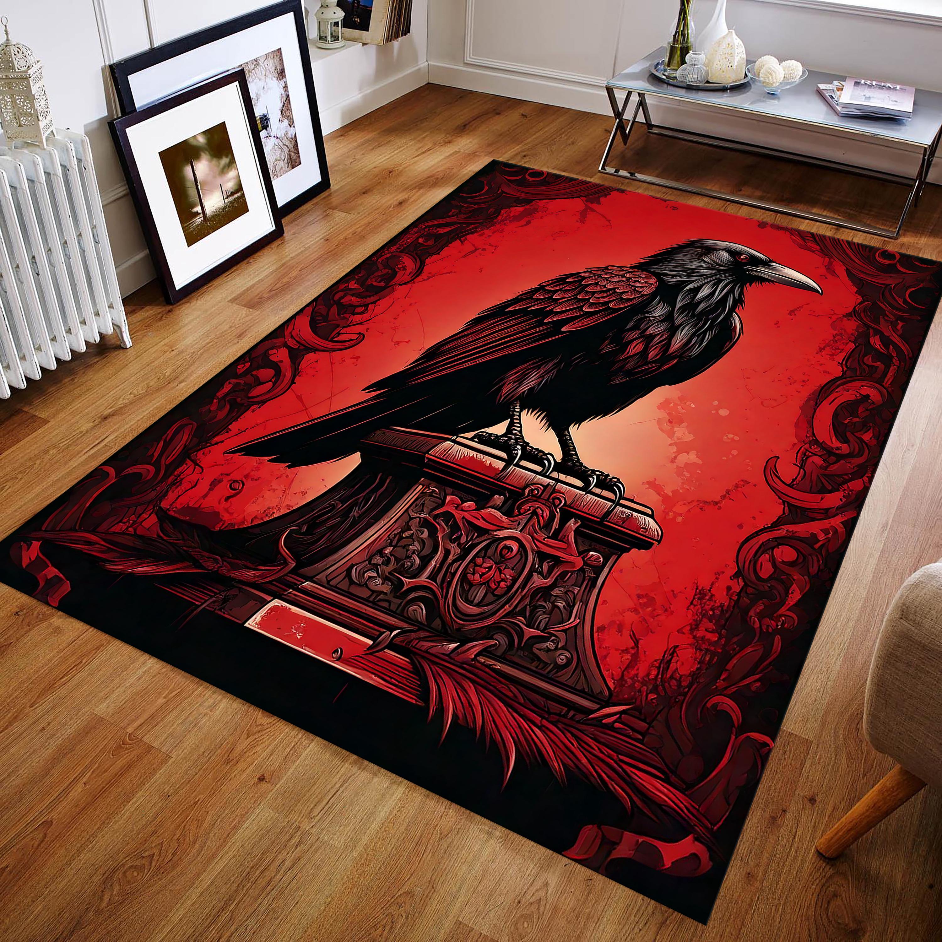 Gothic Raven Rug – Dark Red & Black Crow Carpet With Mysterious Art ...