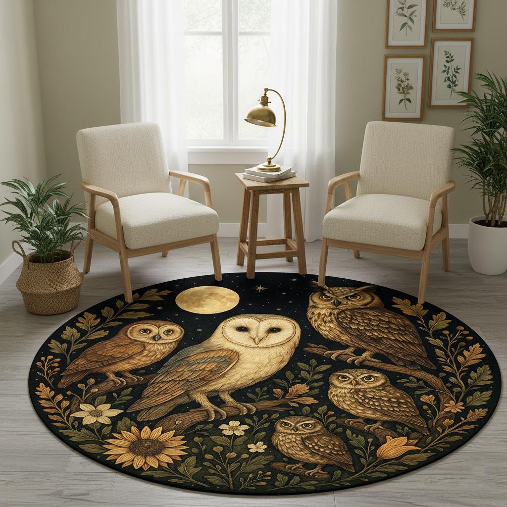 Moonlit Owls Rug &ndash; Enchanted Night Carpet with Mystical Woodland Design