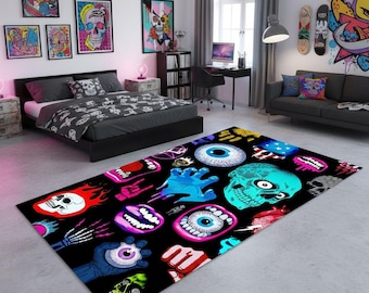 Alfombra con diseño gótico ornamentado: alfombra victoriana de damasco oscuro para decoración del hogar, estilo medieval con intrincados diseños en negro y plata.