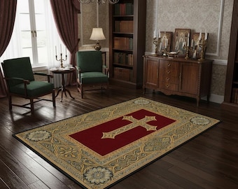 Sacred Christian Prayer Rug – Ornate Cross Medallion Carpet for Meditation, Devotional Kneeling Floor Mat with Traditional Religious Motifs