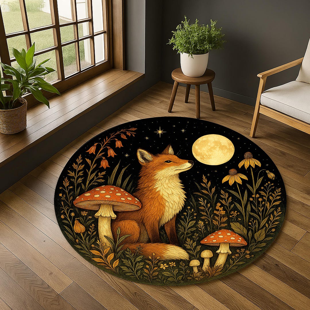Enchanted Rug Moonlit Fox Rug – Enchanted Night Carpet With Mushrooms and Floral ...