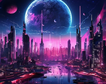 May include: A futuristic city skyline with tall buildings illuminated in pink and blue light. A large blue planet hangs in the sky above the city.
