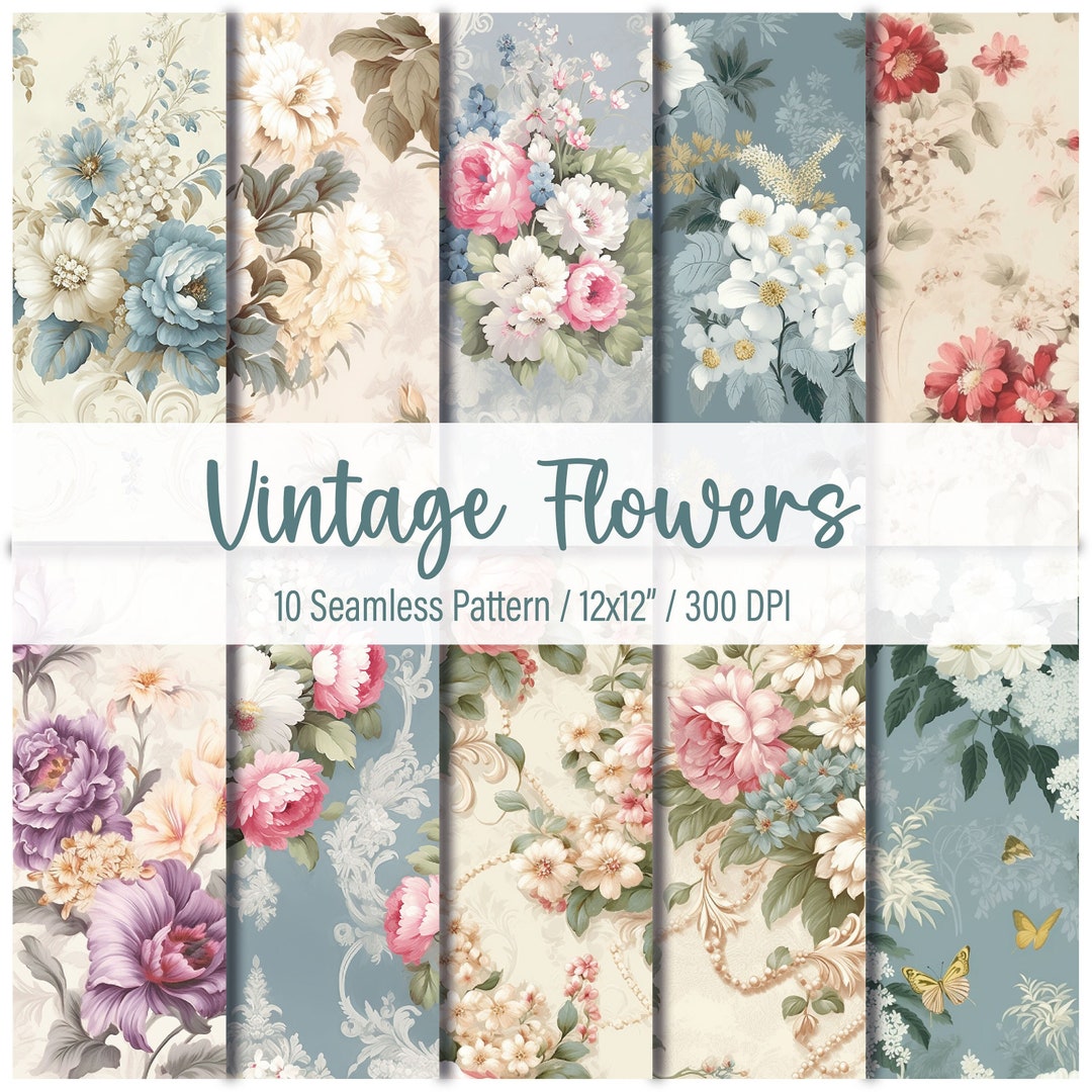 Vintage Flowers Pattern Paper / Set of 10 Designs / 12x12 or 3600x3600 ...