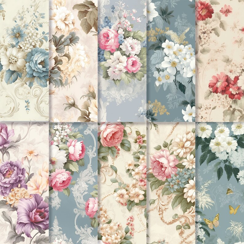 Vintage Flowers Pattern Paper / Set of 10 Designs / 12x12 or 3600x3600 ...