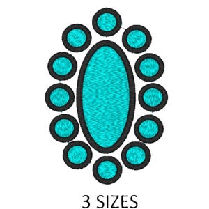 Könnte beinhalten: Ein ovales Design mit einem türkisfarbenen Zentrum und umliegenden türkisfarbenen Kreisen, alle mit schwarzer Umrandung. Der Text "3 SIZES" steht darunter. Dieses Design ist wahrscheinlich für Stickereien oder digitale Kunst.