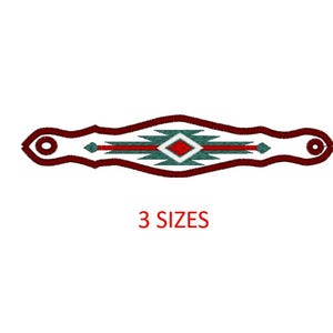 May include: A red, white, and green geometric design with a diamond shape in the center. The design is on a white background and is surrounded by a red border. The text "3 SIZES" is below the design.