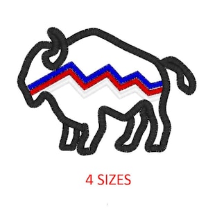 May include: Black and white outline of a buffalo with a red, white and blue zigzag pattern on its back. The text "4 SIZES" is below the buffalo.