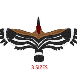 May include: Embroidered design of a brown and black bird with white stripes on its wings. The bird is in a flying position with its wings spread out. The design is available in three sizes.