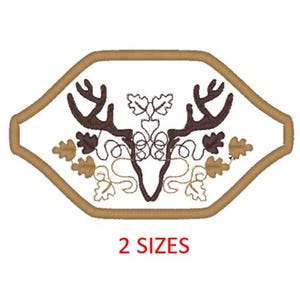 May include: Embroidered design featuring a stylized deer head with antlers and leaves in brown and tan colors. The design is outlined in a tan color and is set against a white background. The text "2 SIZES" is printed below the design.