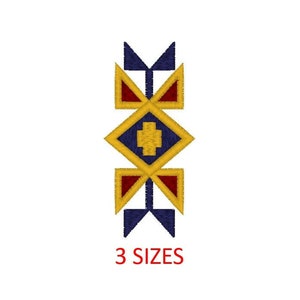 May include: A geometric design embroidery pattern with a blue, yellow, and red color scheme. The design features a diamond shape with a smaller diamond inside, and two triangles on either side. The text "3 SIZES" is below the design.