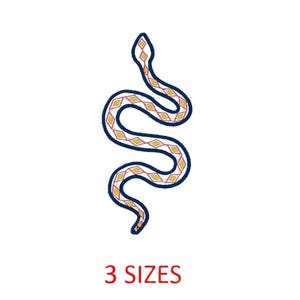 May include: A stylized snake design in navy blue with a gold and red diamond pattern. The text "3 SIZES" is displayed in red below the snake image.