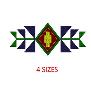 May include: A geometric design with a red diamond shape in the center, surrounded by four blue triangles and four green triangles. The diamond has a yellow cross inside. The design is symmetrical and has a traditional feel.