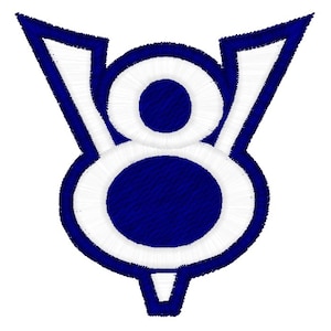 May include: A blue and white embroidered patch with the number "8" inside a stylized V shape.
