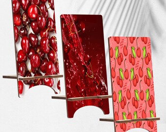 Cherry Wood Phone Stand, Fruit Holder for iPhone 14 13 12 11 Pro Max, Samsung S23 S22 S21, Pixel 7A Pro 6A